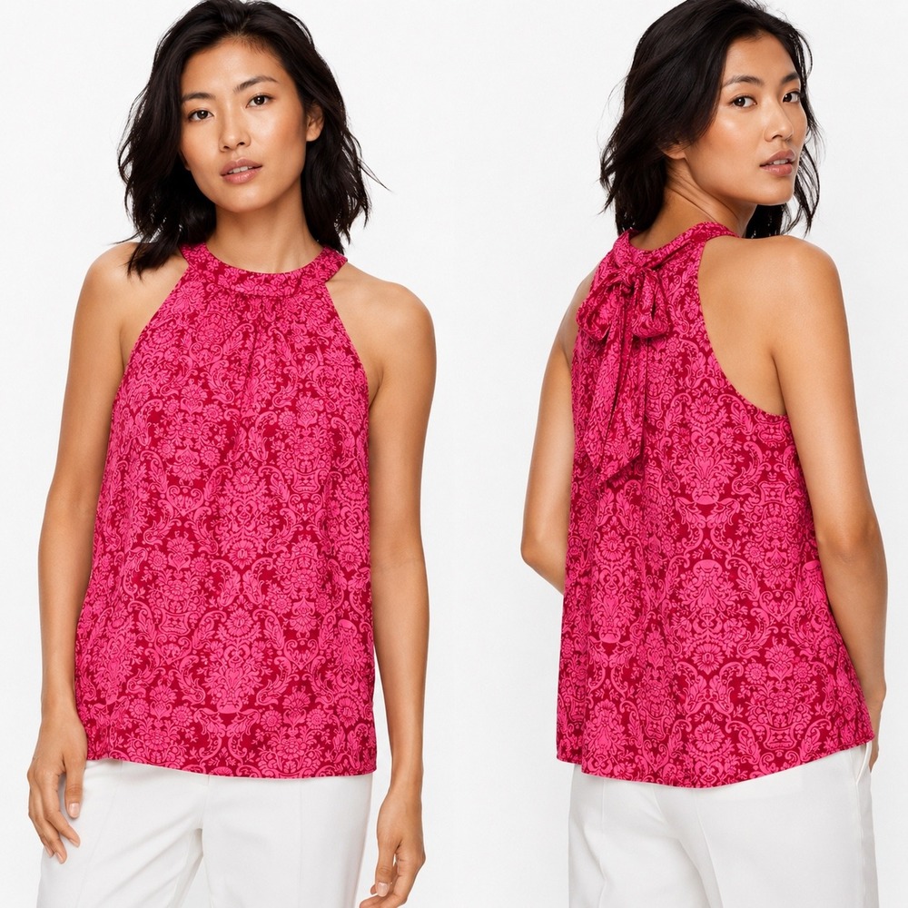 Talbots Halter Top Pink Damask Print Classic Resort Coastal Office Womens 18